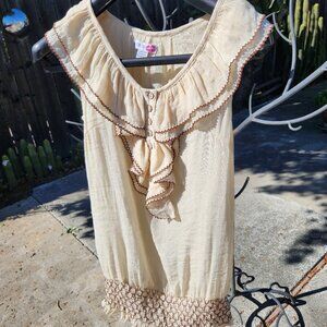 Cute Linen Summer Blouse with Ruffle Button Accent